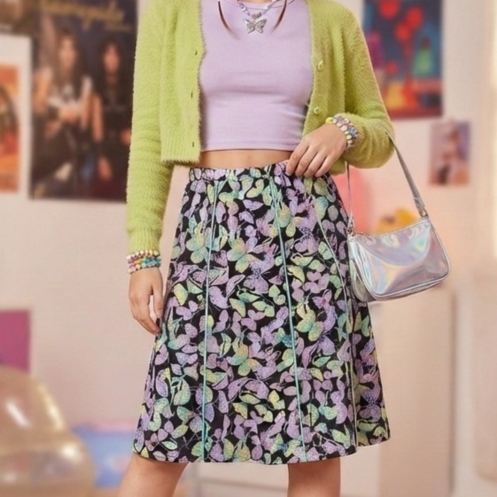 vtg‎ y2k Butterfly Midi Skirt xl fairycore purple forest feminine flowy 90s